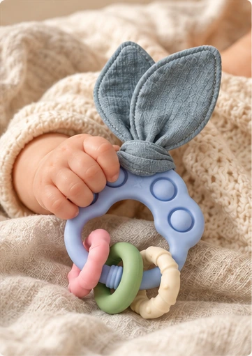Eine kleine Hand entdeckt den blauen Knisti Beißring