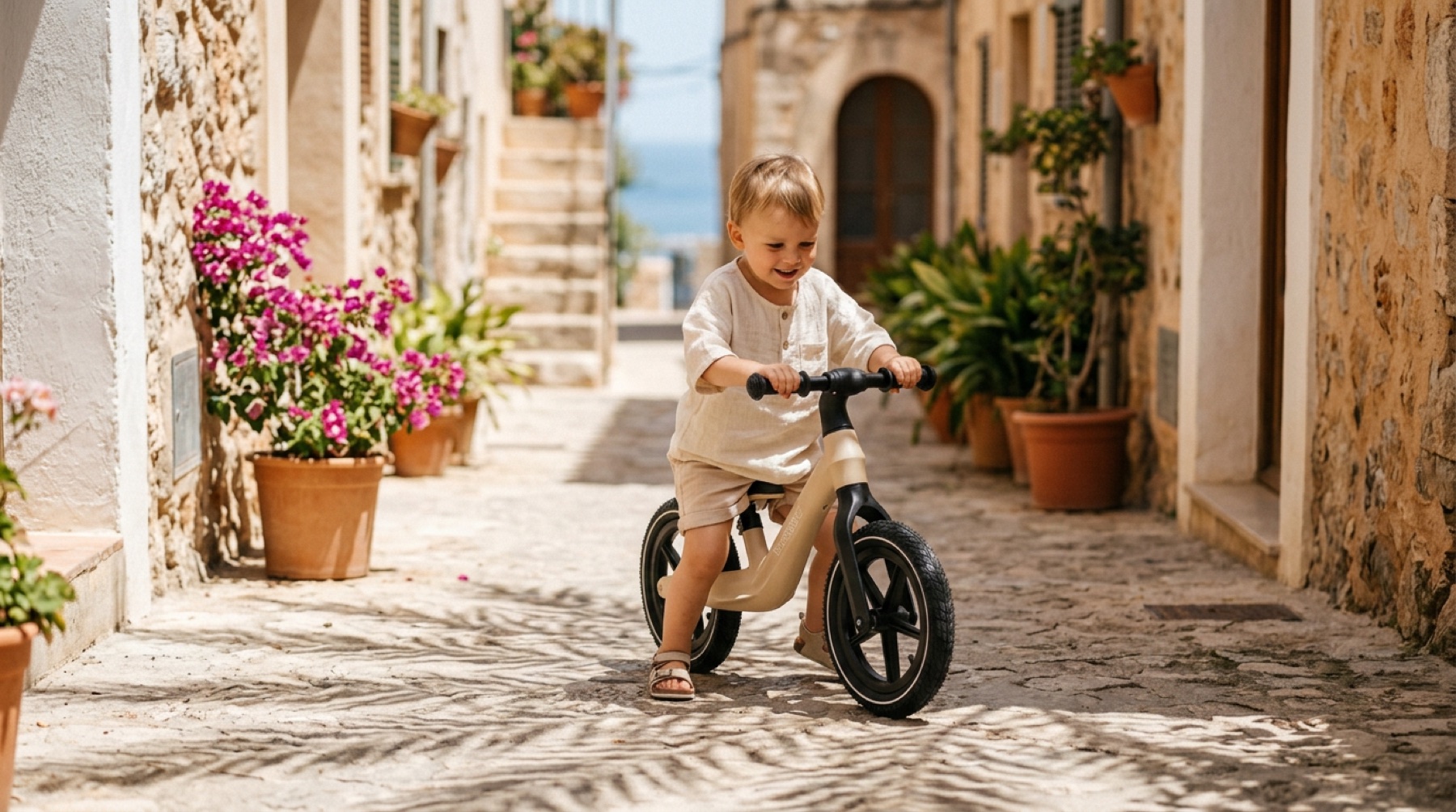 Kind fährt mit einem beigen DeerBird Laufrad durch eine mediterrane Gasse